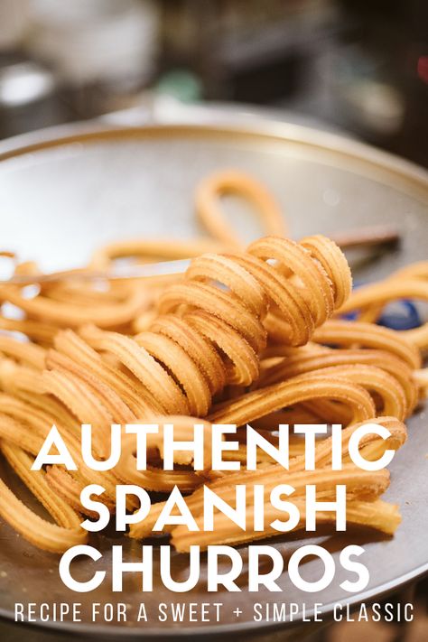 Many people think of churros as a dessert, but in Spain, it's more typical to eat them for breakfast or as a mid-afternoon snack. Here's a simple recipe for how to make delicious, authentic Spanish churros. They're super quick and easy, and an especially great choice for families. Hot chocolate for dipping optional but highly encouraged! #Spain #delish Churros Recipes, Spanish Churros Recipe, Chocolate For Dipping, Homemade Churros Recipe, Spanish Churros, Spanish Dinner, Traditional Spanish Recipes, Homemade Churros, Vacation Dinner