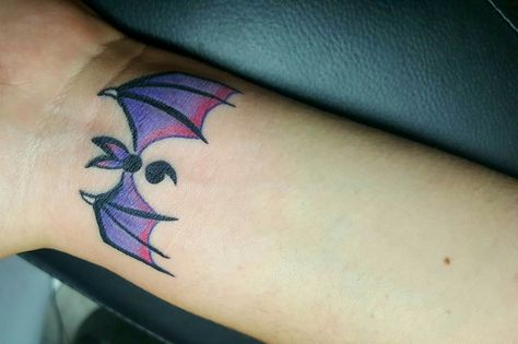 My new semicolon tattoo. #semicolon #battat Semicolon Tattoo Goth, Halloween Semicolon Tattoo, Bat Semicolon Tattoo, Tattoo Semicolon, Colon Tattoo, Cute Thigh Tattoos, Matching Friend Tattoos, Semi Colon, Matching Friend