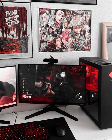 my pc set up from last year ♡ Red Gaming Aesthetic, Horror Gaming Setup, Dark Gaming Setup, Red And White Gaming Setup, Horror Pc Setup, Red Gaming Room, Red Gamer Aesthetic, Black Gaming Setup, Red Pc Setup