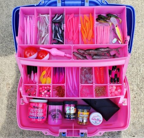 Pink Girly Fishing Tackle Box Pink Tackle Box Fishing, Fishing Box Ideas, Pink Camping Gear, Fishing Tackle Box Ideas, Pink Fishing Gear, Tackle Box Organization, Tackle Box Gift, Fishing Aesthetic, Tackle Box Fishing