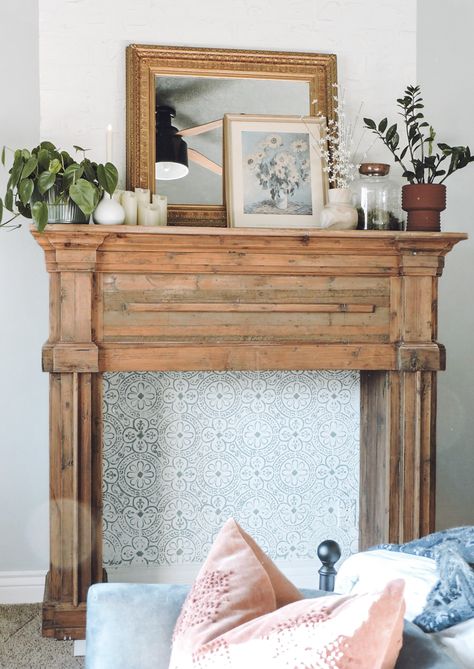 Faux Victorian Fireplace, Mantle Decor Vintage, Antique Mantle Fireplace, Vintage Fireplace Mantle, Fireplace In Master, Stenciled Tile, Makeover Living Room, Simple Mantle, Faux Mantle