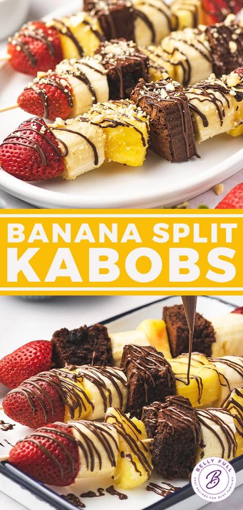 Fruits On A Stick, Sweet Kabobs Desserts, Kabob Recipes Fruit, Dessert Recipes For Camping, Skewer Desserts Sticks, Snack Kabobs Appetizers, Dessert Ideas For Family Gathering, Desserts On Sticks, Mini Banana Splits