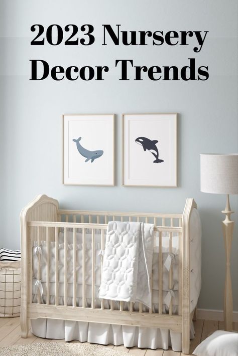 2023 Nursery Decor Trends. Nursery with light blue wall and whale wall art. Cute Color Schemes, 2023 Nursery, Popular Color Schemes, Nursery Decor Ideas, Lavender Decor, Blue Nursery Decor, Nursery Trends, Nature And Animals, Maximalist Style