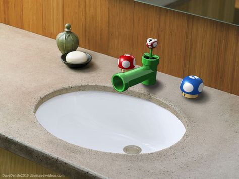 When it comes to indoor plumbing why not have a Super Mario-themed bathroom sink? You got your mushroom handles, a Warp Pipe faucet, and a Piranha Plant that acts as the lever for the drain plug th… Super Mario Bathroom, Mario Bathroom, Bathroom Sink Fixtures, Sink Fixtures, Super Mario Room, Mario Room, Nerd Room, Old Sink, Mario Stuff