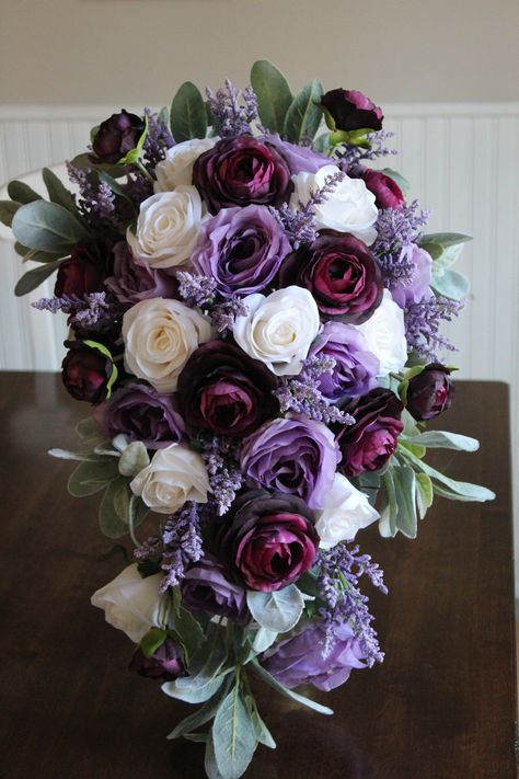 Lavender, Plum, and Ivory Silk Wedding Flowers Navy Plum Ivory Wedding, Plum Purple Wedding Bouquets, Plum And Lilac Wedding Bouquet, Purple And Gray Wedding Centerpieces, Lavender Burgandy Wedding, Dark Purple Bouquet Wedding, Burgundy And Lilac Wedding, Lilac And Maroon Wedding, Plum Bouquet Wedding