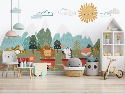 Excited to share the latest addition to my #etsy shop: ANİMAL TRAIN WALLPAPER. Cute Baby Animals on Train Nursery Wallpaper. Animal Kids Wallpaper. Colourful Nursery Mural. Mountains Kid Mural. https://etsy.me/3WEOKLq #green #rainbow #plantstrees #nursery #toytrain Mural Mountains, Wallpaper Colourful, Colourful Nursery, Playroom Mural, Train Nursery, Rainbow Mural, Train Wallpaper, Mountain Mural, Baby Room Wall Decor