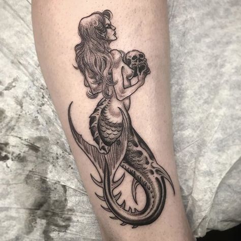 Capricorn Mermaid Tattoo, Capricorn Mermaid, Mermaid Sleeve Tattoos, Nautical Tattoo Sleeve, Back Of Leg Tattoos, Deep Tattoo, Siren Tattoo, Horse Tattoo Design, Mermaid Tattoo Designs