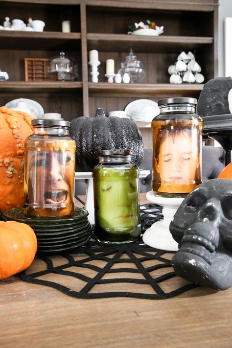 Diy Head In A Jar, Head In A Jar Halloween, Head In A Jar, Halloween Diy Outdoor, Green Led Lights, Halloween Decorations Diy Outdoor, Painted Pumpkin, Pumpkin Party, Luxury Vinyl Plank Flooring