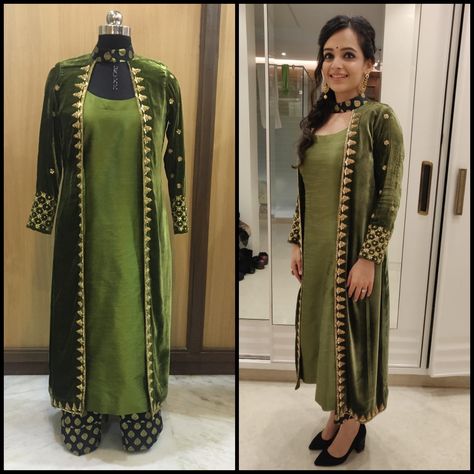 Velvet jacket with antique work on it worn in silk shirt and brocade pants. #fashion #stylish #winterfashion #velvet #silk #loveyourself Velvet Suit With Brocade Pants, Velvet Kurta Designs, Velvet Outfits For Women, Velvet Salwar, Velvet Pakistani Dress, Brocade Pants, Velvet Suit Design, Velvet Kurta, Sharara Designs