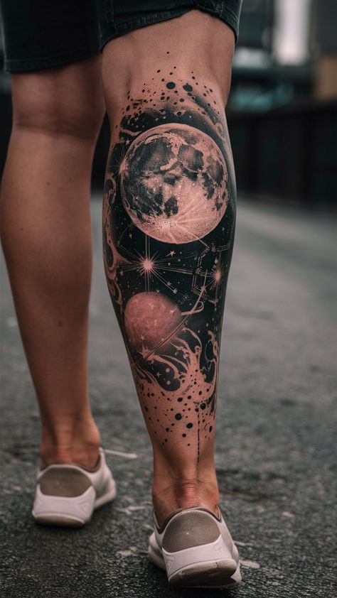 Astronomy Sleeve Tattoo, Constellation Moon Tattoo, Realistic Moon Tattoo Designs, Galaxy Tatoos Ideas, Galaxy Leg Tattoo, Mens Space Tattoos, Dark Space Tattoo, Andromeda Galaxy Tattoo, Circle Tattoo Design For Men