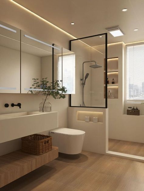 Modern Shower Room Design, Wood Toilet Design, Functional Bathroom Design, Bathroom Styling Ideas Decor, Microcement Bathroom Design, Microcement Shower Walls, Toilet Interior Design Modern, Spa Theme Bathroom, Modern Toilet Room