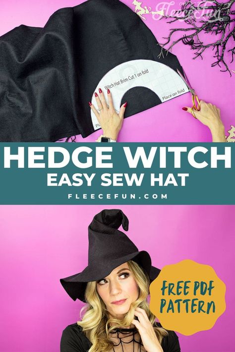 Embrace your inner witch with this stylish Hedge Witch Hat! Perfect for Halloween or adding a bit of magic to your everyday look, this DIY project is both easy and fun. With our free pattern and step-by-step tutorial, you’ll have your very own witch hat ready in no time. Whether you're new to sewing or just love a quick craft, this hat will make you feel spellbindingly chic! Sew A Witch Hat, Diy Witch Hat Pattern, Reversible Witch Hat, Diy Felt Hats For Women, How To Sew A Witch Hat, Diy Witch Accessories, Witches Hat Pattern Template, Hedge Witch Costume, Witch's Hat Diy