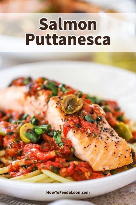 Salmon Puttanesca has all the classic Italian and Mediterranean flavors and the salmon is flakey and perfectly prepared. Gorgeous and delicious, and comes together in about 35 minutes! Get the complete recipe with ALL-NEW VIDEO on the blog! Salmon Puttanesca Recipe, Italian Salmon Recipes, Salmon Puttanesca, Fish Recipes Salmon, Salmon Italian, Italian Salmon, Puttanesca Recipe, White Pasta Bowls, Italian Seafood Recipes