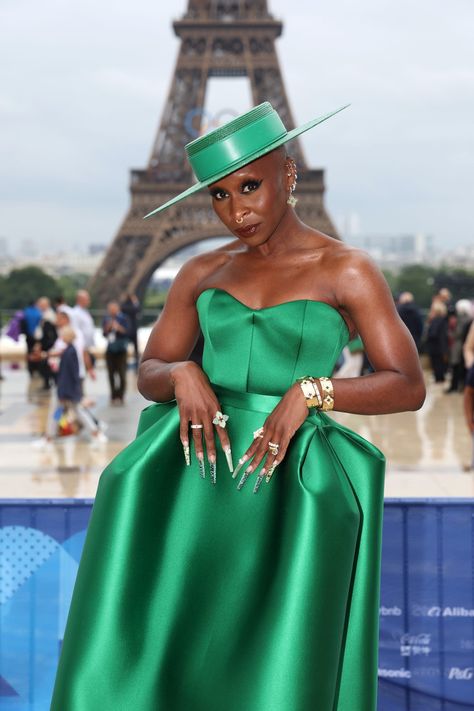 Cynthia Erivo in lucky green. Green dress and hat Essence Festival, 2024 Olympics, Olympics Opening Ceremony, Cynthia Erivo, Paris Olympics, Women Magazines, Celine Dion, Black Culture, Opening Ceremony