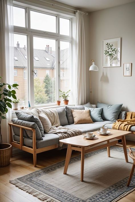 This living room embodies cozy hygge vibes, featuring soft neutral tones, plush textiles, and natural light that filters through sheer curtains. The design prioritizes warmth and comfort while remaining uncluttered. Hygge Interior Design Living Room, Nordic Minimalist Living Room, Nordic Living Room Scandinavian Interiors, Cozy Hygge Living Room, Hygge Interior Design, Hygge Vibes, Hygge Living Room, Hygge Interior, Scandinavian Hygge