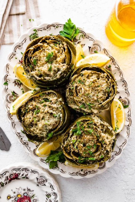 Italian Stuffed Artichokes Recipe (Sicilian Style) - CucinaByElena Italian Stuffed Artichokes, Sausage Dip Recipe, Stuffed Artichokes, Sausage Dip, Sicilian Style, Chicken Pot Pie Casserole, Stuffing Ingredients, Pecorino Romano Cheese, Pecorino Romano