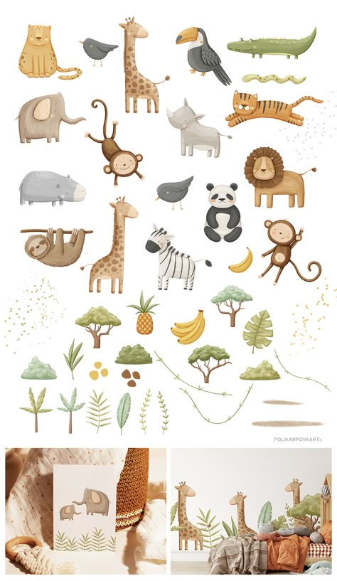 Safari Friends Animals collection, an Animal Illustration by polikarpovaart Cute Jungle Animal Drawings, Church Nursery Mural, Nursery Mural Ideas, Jungle Nursery Art, Book Graphic Design, Wild Things Party, Cute Safari Animals, Animal Illustration Kids, Cute Digital Art