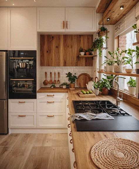 Earthy Warm Kitchen, Country Kitchen Modern, Clean House Interior, Kitchen With Door To Outside, Home Renovation Aesthetic, Kitchen And Living Room Ideas, Cozy Kitchen Ideas, Modern Boho Kitchen, Square Kitchen