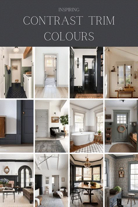 White Wall Colored Trim, Light Walls Darker Trim, Dark Baseboards, Black Trim Interior, Trim Paint Color, Dark Trim, Trim Colors, House Trim, Trim Work