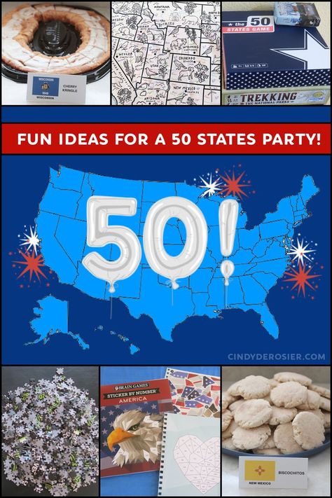 Fun ideas for games, food, decorations, and activities for a 50 States party theme 50 States Birthday Party, Geography Games, Geography For Kids, Food Decorations, Usa States, Cycle 3, U.s. States, 50th Birthday Party, 50 States