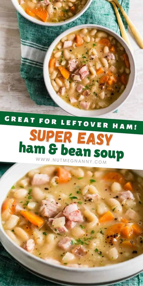 This quick and easy ham and bean soup is packed full of white beans, smoked ham, carrots, and onions. It's ready in just 30 minutes and a hearty way to use up all that leftover holiday ham. Ham Soup Crockpot, Easy Ham And Bean Soup, White Bean Ham Soup, White Bean And Ham Soup, White Bean And Ham, Bean Soup Crockpot, Soup For Winter, Perfect Ham, Bean And Ham Soup