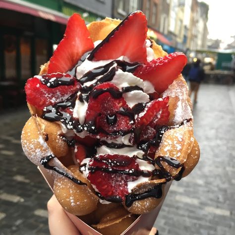 We're so on board. Dessert Street Food, Vegan Tiramisu, Bubble Waffle, European Street, Food Spot, Strawberry Desserts, Cute Desserts, Food Trucks, Dessert Bars