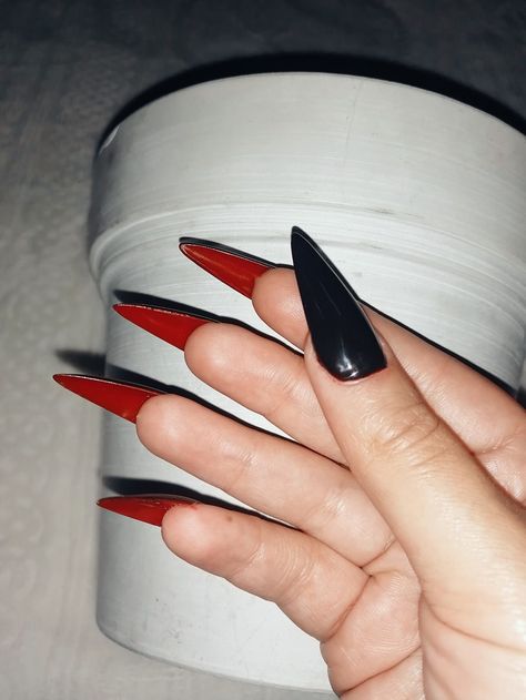 Black On Top Red Underneath Nails, Black Nails With Red Bottoms Almond, Black And Red Under Nails, Black Nails With Red Underneath, Black Nails Red Bottoms, Black And Red Almond Nails, Black Red Bottom Nails, Black Nails With Red Bottoms, Bottom Nails