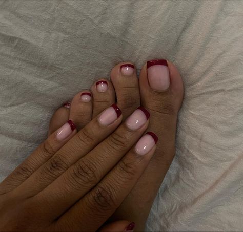 red french tip nails black girls 
red nails on black girls 
red polish on black girls 
short nail designs 
french manicure 
french pedicure Maroon French Tip Nails Acrylic Square, Nails For Tiny Hands, Red French Tip Nails Pedicure, Short Burgundy French Tip Nails, Wine Red Toe Nails, Cute Manicure Ideas For Natural Nails, Burgundy French Tip Toes, French Tip Real Nails, Short Professional Nails For Work