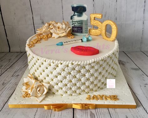 50th Birthday Cake Botox Themed Botox Birthday Party, Botox Birthday Cake, Botox Cake Ideas, Cakes Decor, 40th Cake, 40th Birthday Funny, Esthetician Room, Birthday Cakes For Women, 50th Birthday Cake