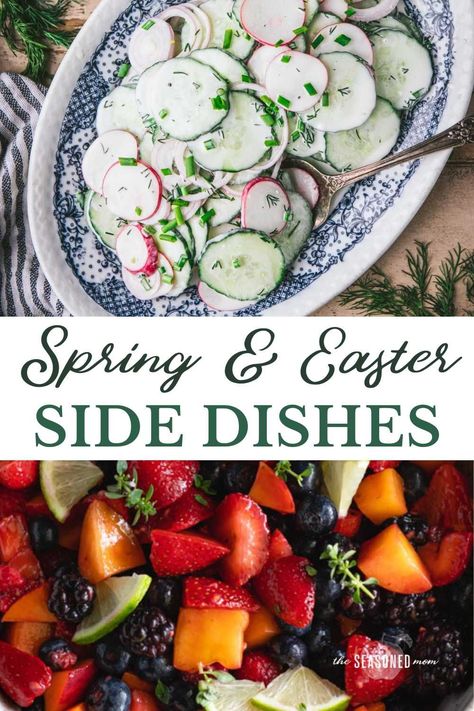 Whether you're packing a simple picnic for an afternoon in the park, hosting a large family gathering for Easter, or planning a fresh seasonal supper for friends, these easy spring sides are perfect for every occasion. From scalloped potatoes and ham to English pea salad, a fresh fruit salad, or a spinach salad with bacon and hard boiled eggs, you're sure to find a crowd-pleasing option for your next celebration. Easter Side Dish Recipes, Spring Fruit Salad, Spinach Salad With Bacon, English Pea Salad, Easter Side Dish, Morning Fruit, Simple Picnic, Easter Side Dishes Recipes, Spring Side Dishes