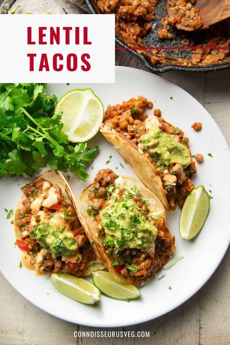 These lentil tacos are a perfect vegan midweek meal! Stuffed with spicy lentil taco "meat" and piled high with your favorite taco toppings, they're as delicious as they are easy to make. Lentil Taco Meat, Veg Tacos, Vegan Taco Meat, Vegan Tacos Meat, Taco Toppings, Healthy Vegan Dinner Recipes, Vegetarian Meatballs, Lentil Tacos, Healthy Vegan Dinner