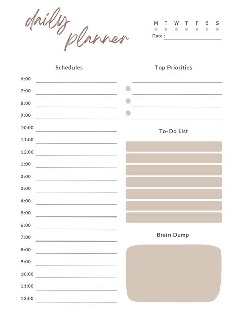 a daily planner with the words daily planner written in brown and green ink on it Free Weekly Planner Templates, Planner For Moms, Best Weekly Planner, Best Daily Planner, Daily Planner Sheets, Planner Minimal, Free Planner Templates, Weekly Overview, Daily Planner Printables Free