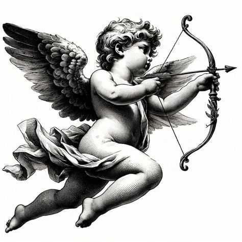 Cupid Drawing, Christus Tattoo, Cherub Art, Cupid Tattoo, Cherub Tattoo, Statue Tattoo, Angel Tattoo Designs, Religious Tattoos, Mythology Tattoos