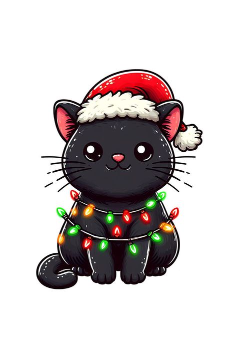 This cute black cat is wearing Christmas lights. Create a festive mood with this cute kitten. #xmas #cat Xmas Cat, Cartoon Santa, Cute Black Cat, Christmas Tree Lights, Tree Lights, Cat Cafe, Cute Black Cats, Cute Kitten, Christmas Tree Lighting