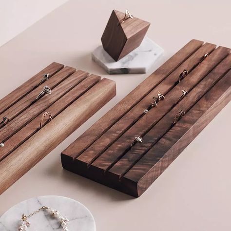 Unique Ring Holder, Diy Jewelry Stand, Wooden Jewelry Stand, Earring Displays, Black Cutlery, Wood Jewelry Display, Jewelry Store Design, Diy Jewelry Display, Packaging Display