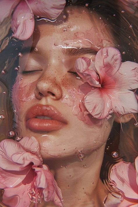 Pictures Flowers Photography, Random Art Reference Photos, Flowers On Face Drawing, Soft Beauty Aesthetic, Women With Flowers Aesthetic, Models To Draw Faces, Flower Makeup Aesthetic, Pink Flower Makeup, Pink Art Aesthetic