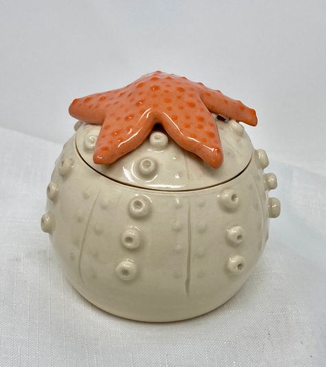 Lidded Pottery Ideas, Cute Clay Containers, Handmade Ceramics Aesthetic, Jelly Fish Ceramics, Functional Sculpture Clay, Sea Urchin Ceramic, Beachy Ceramic Ideas, Ceramic Craft Ideas, Beach Ceramic Ideas