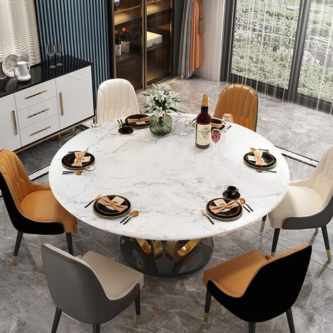 Modern Round White Dining Table with Marble Top & Stainless Steel Frame Contemporary Round Dining Table, Round Marble Dining Table, Round Dining Table Modern, Circular Dining Table, Marble Top Dining Table, Round Dining Room Table, White Marble Table, Round Dining Table Sets, Round Dining Room