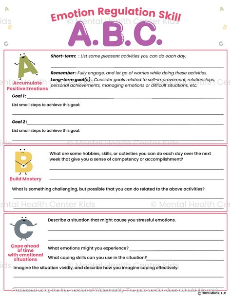 Accumulating positive emotions means seeking out positive emotions in one’s life through positive experiences. Building mastery involves engaging in activities that boost feelings of competence, whereas coping ahead means anticipating distressing situations and rehearsing plans to cope skillfully. These concepts are part of the emotion regulation skill called ABC in Dialectical Behavior Therapy (DBT). The ABC DBT Skills Worksheet includes a set of questions and prompts for each ABC skill. For “Accumulating positive emotions,” clients will be asked to write down short-term and long-term goals they can work on, and steps to achieve these goals. “Building mastery” encourages individuals to write down a hobby or a challenging skill they can master for the week, “Coping ahead” prompts clients t Cope Ahead Plan, Abc Please Dbt Skill, 2024 Growth, Dbt Skills Worksheets, Dbt Activities, Family Therapy Activities, Coping Skills Worksheets, Group Therapy Activities, Therapy Questions