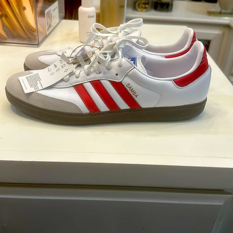 Men’s Samba Og New With Tag White With Red Size 12.5 Red Sambas, Rush Week, Adidas Originals Shoes, Adidas Shoes Originals, Adidas Sambas, Tour Outfits, Swag Shoes, Adidas Samba, Christmas List