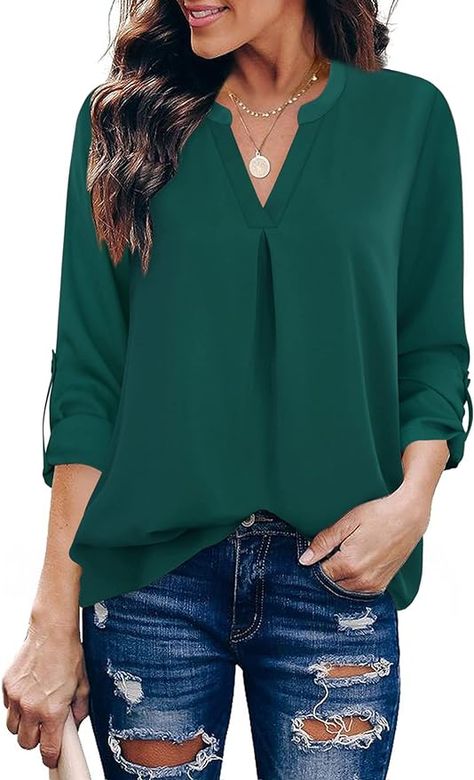 Gaharu Ladies Tops for Work Women Dressy Shirts 3/4 Tab Sleeve Career Blouses for Office V Neck Chiffon Tunics for Leggings Green,L at Amazon Women’s Clothing store Dark Red Blouse, Chiffon Tunic Top, Casual Blouse Shirts, Chiffon Tops Blouses, Chiffon Tunic, Casual Tunics, Women's Blouses, Work Shirt, Elegant Shirt