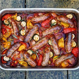 Sausage Ratatouille Traybake — MOB KITCHEN Affordable Food Recipes, Dinner Party Pasta, Traybake Dinner, Sausage Kale Pasta, Sausage Tray Bake, Mob Kitchen, Meat Meals, Ratatouille Recipe, Tray Bake Recipes