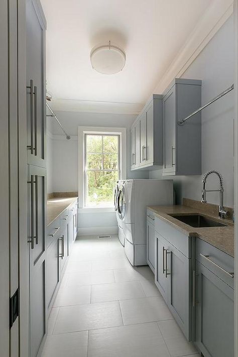 Grey Laundry Grey Laundry, Gray Shaker Cabinets, Grey Laundry Rooms, Laundry Room Storage Shelves, Rustic Laundry Rooms, Small Laundry Room Organization, Pantry Laundry, Pelan Rumah, Room Storage Diy