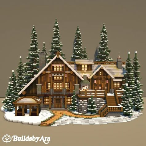 Dark Spruce House Minecraft, Mincraft Idea House Winter, Minecraft Xmas House, Big Minecraft Building Ideas, Minecraft Winter Cabin Tutorial, Minecraft Snow Base Ideas, Winter Log Cabin Minecraft, Spruce House Ideas Minecraft, Santas Grotto Minecraft