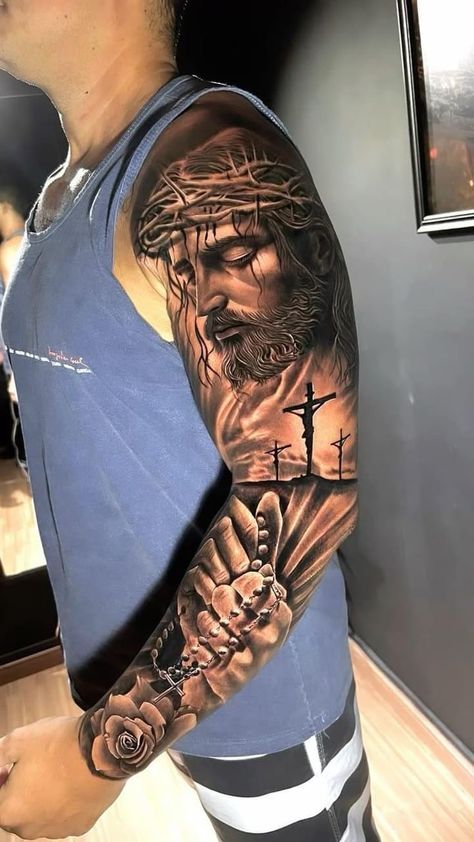 Jesus Tattoo Men, Religious Tattoos Men, Jesus Sleeve Tattoo, Religious Sleeve Tattoos, Tattoo Jesus Cristo, Jesus Forearm Tattoo, Jesus Tattoo Ideas, Tattoos Jesus, Jesus Tattoo Sleeve