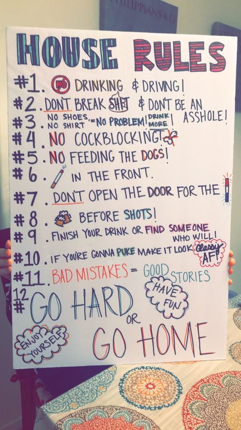 House Party Rules Poster, Halloween House Party Activities, Party Rules Sign, 18th Birthday Party Ideas Airbnb, Party Rules Poster Drinking, College Party Themes Drinking, How To Throw The Best Party, Drinking Room Ideas, 18th Birthday Party Ideas At Home Outside