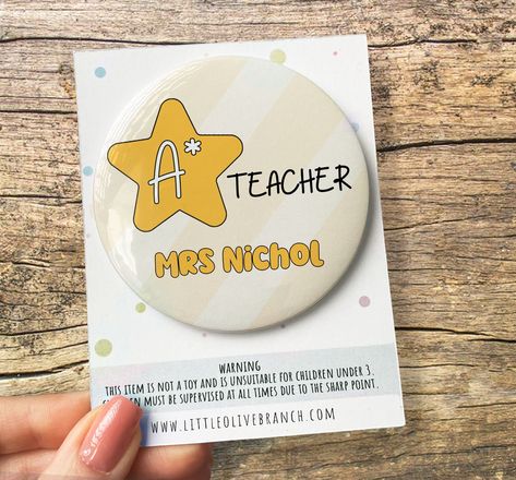 "A* Teacher Badge  Measures 7.7cm ** HOW TO ORDER ** - Choose your required quantity - Enter personalisation details (Teacher Name) - Press \"Add To Cart\" **IMPORTANT SAFETY INFO** This item is not a toy and is a choking hazard due to small parts. Not suitable for children under 3. Children must be supervised when badge is in use due to the badge having a safety pin backing. Store away and out of reach of children. Due to monitor/screen differences the colours may slightly vary to what is seen on the image listing. Please don't hesitate to contact me if you have any questions regarding this item!" Teacher Badge, Out Of Reach, English Language Learning, Teacher Name, Language Learning, Safety Pin, Pin Badges, Teacher Gift, First Christmas