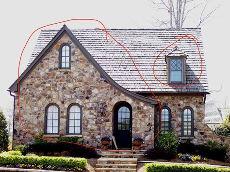 Stone cottages   ￼ Nice materials and landscaping. Probably the old tree and dog I like most 😊 Stone, timbers, COPPER elements, big bay window.  Roof of stone, cedar shake or metal roof instead though? Needs more side wings like large outdoor living area added to front left or an angled detached garage joined by enclosed porch. Has two chimneys but neither are featured in front. Swoop roofed line added? ￼ Narrow arch windows but the front is too flat. Cute dormer and has a swoop. Needs more of a front door nook, big bay window, screened in porch and a featured chimney as well as more surface textures.   ￼ Love the swoop, textured exterior and featured stone fireplace. Expand master suite. Add more outsets and front door nook.  Not sure about the roof but it evokes a thatched roof feel. Li Bay Window Roof, Farm Fireplace, Cottage Roof, Arch Windows, Window Roof, Enclosed Porch, Cedar Shake, Stone Chimney, Cedar Shakes