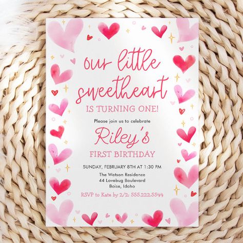 Hearts Birthday Party, Valentines Template, Valentines Birthday Party, Heart Party, Birthday Party Invite, Turning One, Valentine Birthday, 1st Birthday Invitations, Pink Birthday