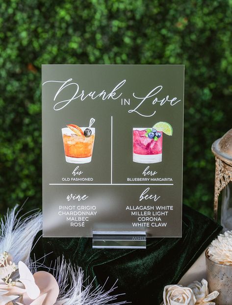 Click on the following link to browse HUNDREDS more designs in our shop!! https://pinkposiesandpearls.etsy.com/  Drunk In Love Bar Menu Signature Cocktails Custom Clear Glass Look Acrylic Wedding Quote Sign with Dark Walnut Wooden Base or Clear/Silver Stand | Welcome to Pink Posies and Pearls Wedding and Gift Boutique | We love the sleek, clean lines of these wedding acrylic signs! This acrylic is a display material that is strong, moisture resistant & visually clearer than glass, not to mention shatterproof! | HOW TO ORDER | *.    These Signature Cocktail Signs feature a his and her specialty drink. First, choose your size (8x10 is pictured). *     Next, choose your stand choice. *     Last, enter the names and/or ingredients of each drink. If you are planning on 3 or more drinks, we sugg Wedding Sign Stand, Wedding Quote Signs, Acrylic Wedding Sign, Wedding Signature Drinks, Wedding Quote, Cocktails Sign, Signature Cocktails, Signature Drinks Sign, Drunk In Love